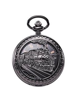 Mens Womens Antique Mechanical Pocket Watch Skeleton Black Case Steam Train Railroad Roman Numerals