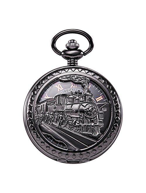 TREEWETO Mens Womens Antique Mechanical Pocket Watch Skeleton Black Case Steam Train Railroad Roman Numerals