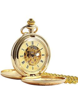 ManChDa Double Cover Roman Numerals Dial Hand Wind Skeleton Mens Women Pocket Watch Gift