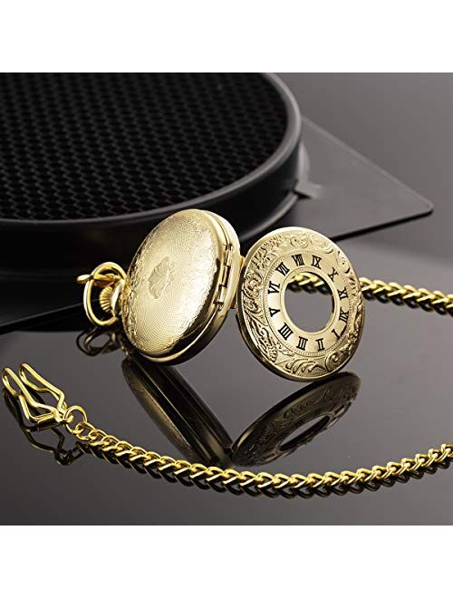 ManChDa Double Cover Roman Numerals Dial Hand Wind Skeleton Mens Women Pocket Watch Gift