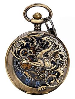 Carrie Hughes Men's Dragon Engraving Vintage Steampunk Skeleton Mechanical Pocket Watch with Chain CHPW10