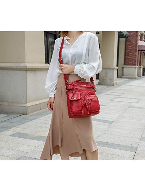 MKF Crossbody Bag for Women: PU Leather Tote Shoulder Bag, Soft Slouchy Handbag Purse, Lady Multi Pocket Pocketbook