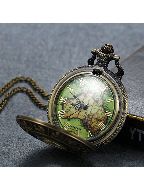 Men's Pocket Watch Antique Vintage Retro Half Hunter Pocket Watch with 12 Astrology Tatoo World Map Dial Sweaterchain