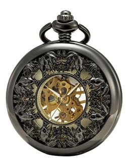 SEWOR Grace Koi Skeleton Pocket Watch with 2 Chain, Black Mechanical Hand Wind with Leather Box