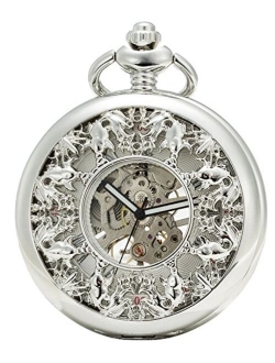 SEWOR Grace Koi Skeleton Pocket Watch with 2 Chain, Black Mechanical Hand Wind with Leather Box
