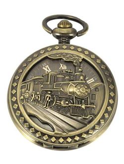 Carrie Hughes Men's Vintage Old Train Carving Steampunk Skeleton Mechanical Pocket Watch with Chain CH108
