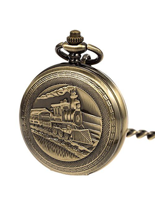 ManChDa Antique Men Pocket Watch Double Hunter Automatic Mechanical Bronze Case 3D Steam Train Railroad Ruman Numerals