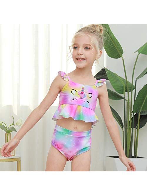 MHJY Girls Unicorn Swimsuit 2-Piece Swimwear Bikini Tankini Set Ruffle Beachwear Bathing Suit