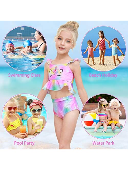 MHJY Girls Unicorn Swimsuit 2-Piece Swimwear Bikini Tankini Set Ruffle Beachwear Bathing Suit