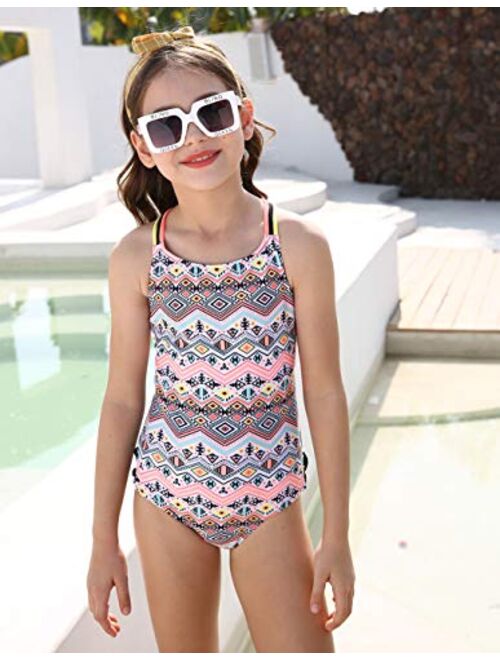 LEINASEN One Piece Swimsuits for Girls, Strap Crossback Tribal Pattern Printing Bathing Suit for Kids