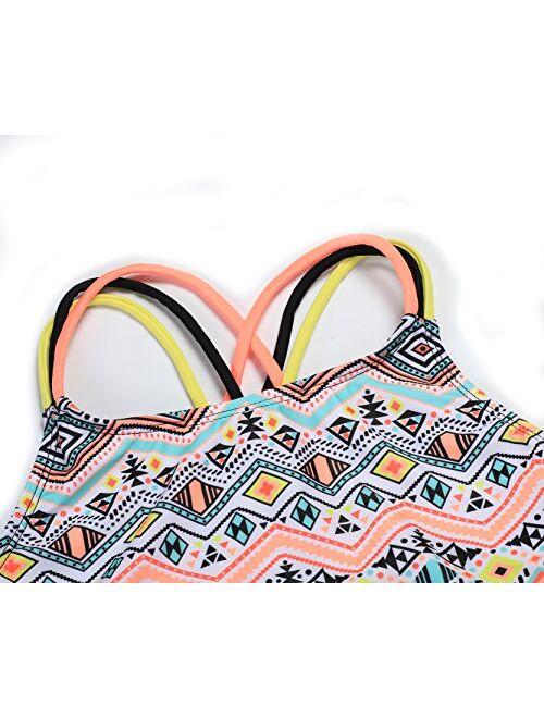 LEINASEN One Piece Swimsuits for Girls, Strap Crossback Tribal Pattern Printing Bathing Suit for Kids