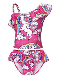 AmzBarley Girls Unicorn Swimwear Tankini 2 Pieces Rainbow Bathing Suit Ruffle One Shoulder Swimsuits