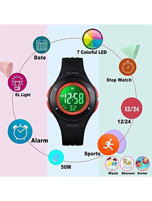 YxiYxi Kids Watch Digital Waterproof for Girls Boys Toddler Cute Sport Outdoor Multifunctional Watches with Luminous Alarm Stopwatch 7 Colorful LED Wrist Watch for 5-10 Y