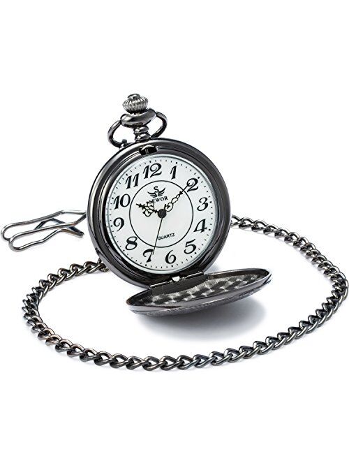 SEWOR Bronze Flowers Vintage Quartz Pocket Watch Shell Dial with Two Type Chain(Leather+Metal)