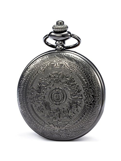 SEWOR Bronze Flowers Vintage Quartz Pocket Watch Shell Dial with Two Type Chain(Leather+Metal)