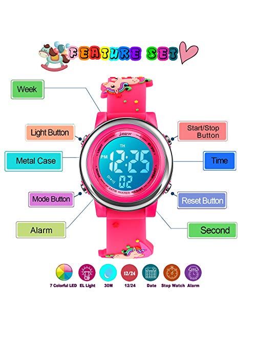 YxiYxi Kids Unicorn Watches 3D Cute Cartoon Digital 7 Color Lights Toddler Wrist Watch with Waterproof Sports Outdoor LED Alarm Stopwatch Silicone Band Boys Girls