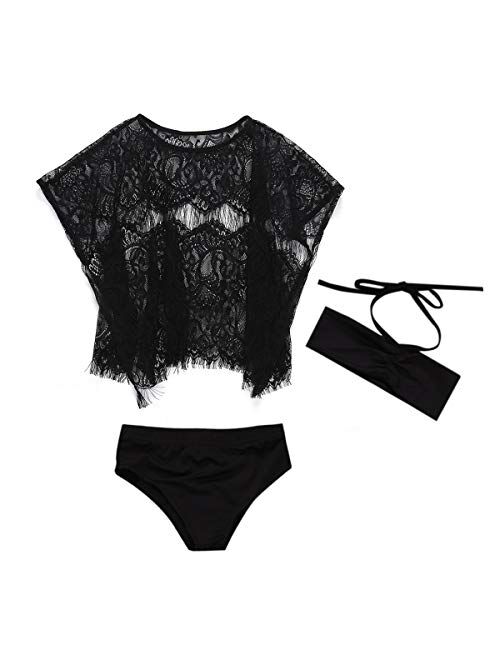 3 pcs Swimwear Little Girls Bikini Top +Bottom+Mesh Lace Cover Up Sets Beach Wear