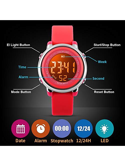 Kids Watch Multi Function 7 Color Lights Toddler Wrist Digital Sport Waterproof Watch， Alarm Stopwatch for boy Girl Child Watch