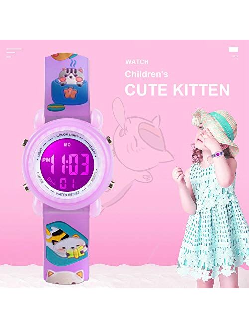 Kids Unicorn Watch Digital Waterproof - Upgrade 3D Cute Cartoon 7 Color Lights Sports Outdoor LED Electrical Toddler Watches with Alarm Stopwatch for Girls Little Child