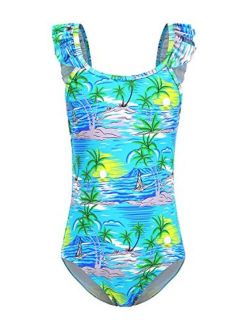Mardonskey Girls One Piece Swimsuits Hawaiian Ruffle Swimwear Kids Summer Bathing Suit 3-14 Years