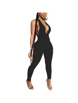 LuFeng Women's Sexy Bodycon Halter Deep V Neck Backless Party Long Jumpsuits Romper