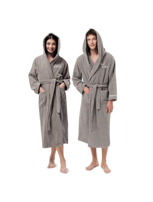 AW BRIDAL Terry Cloth Robe Hooded Bathrobes Turkish Cotton Towel Robe Lightweight with Embroidery for Men Women