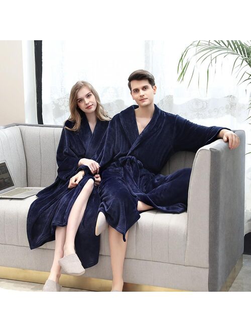 Maynos Autumn And Winter Robe Solid Color Lace-up Flannel Couple Nightgown Pocket Long Home Robe