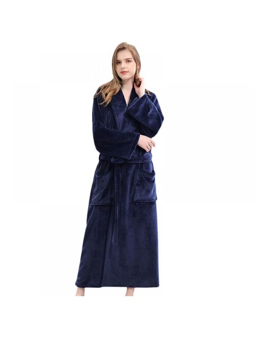 Maynos Autumn And Winter Robe Solid Color Lace-up Flannel Couple Nightgown Pocket Long Home Robe