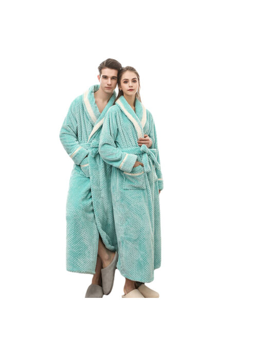 Binpure Couple Flannel Sleeping Gown with Waist Belt, Men Women Long Sleeve Thick Bath Robe with Pocket for Winter