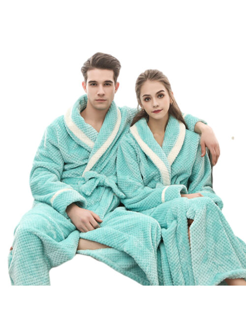Binpure Couple Flannel Sleeping Gown with Waist Belt, Men Women Long Sleeve Thick Bath Robe with Pocket for Winter
