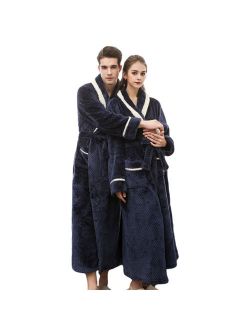 ZIYIXIN Couple Flannel Sleeping Gown with Waist Belt, Men Women Long Sleeve Thick Bath Robe with Pocket for Winter