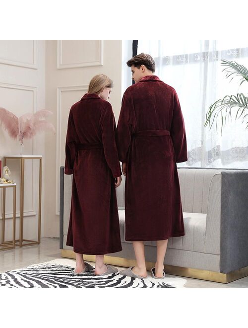 MEROTABLE Autumn Winter Robe Solid Color Lace-up Flannel Couple Nightgown Pocket Long Home Robe