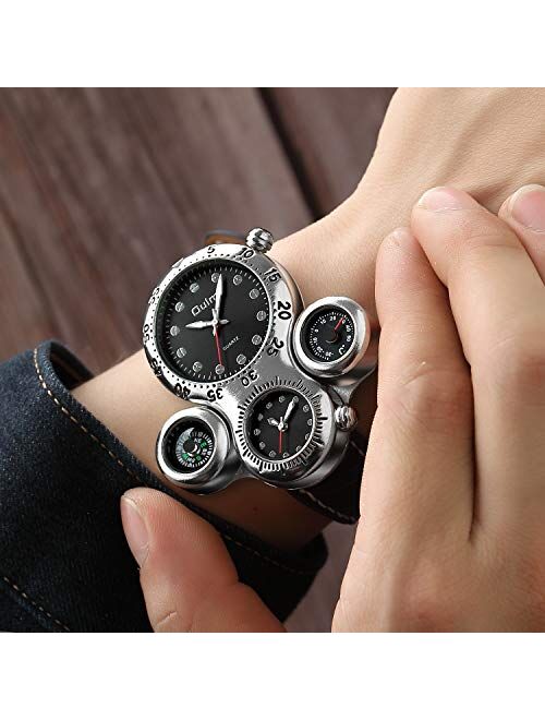 Mens Military Sports Quartz Wrist Watch Two Time Zone Compass and Thermometer Decorative Dial Leather Strap Cool Watch