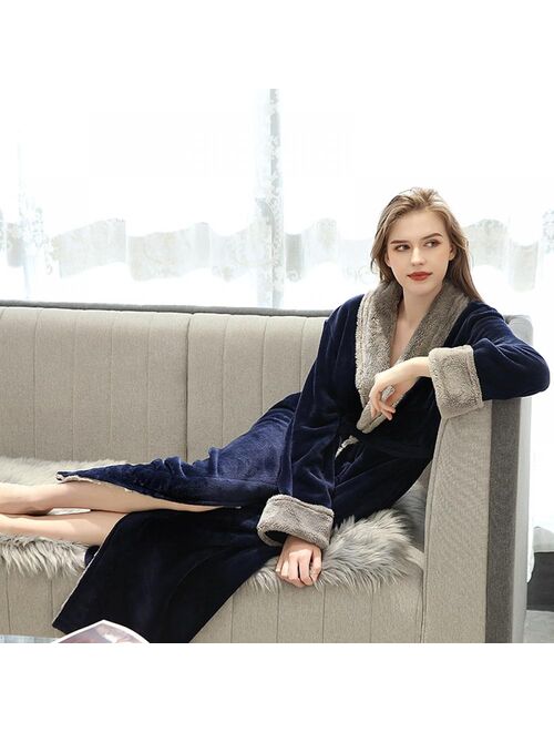 MEROTABLE Autumn Winter Robe Solid Color Lace-up Flannel Couple Nightgown Pocket Long Home Robe