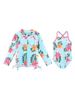 TFJH E Girls Long Sleeve Swim Shirt Rashguard Bathing Suit 2-Pieces Swimwear UV 50+ Zipper