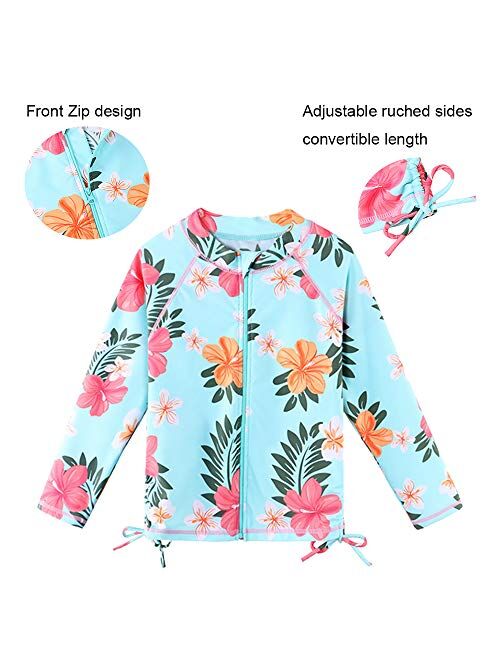 TFJH E Girls Long Sleeve Swim Shirt Rashguard Bathing Suit 2-Pieces Swimwear UV 50+ Zipper