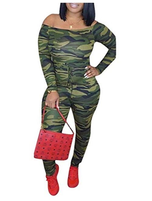 Ophestin Women Off Shoulder Camo Print Long Sleeve Drawstring Bandage Club Jumpsuits Rompers Outfits