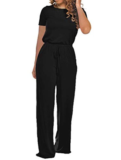 Women's Casual Long-Sleeve Loose Wide-Legs Jumpsuits - Drawstring Waist Romper Pajama with Pockets