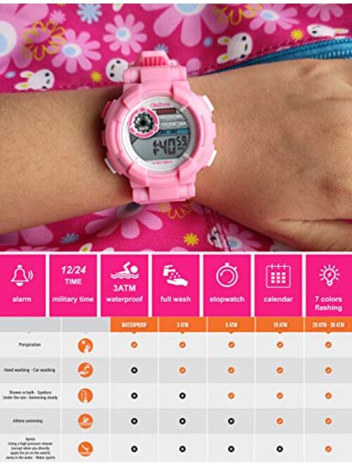 Girls Watch Kids Digital Sports 7-Color Flashing Light Waterproof 100FT Alarm Gifts for Girls Age for 7-10 487