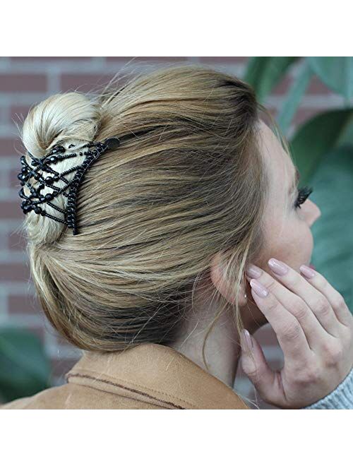 Stretchy Hair Clips for Fine Thin Hairstyles - Decorative Pearl & Black Bead, All-Day Hold, Add Volume, Gentle & Snug, Adjustable, No Pressure Pulling or Pain (Handmade L