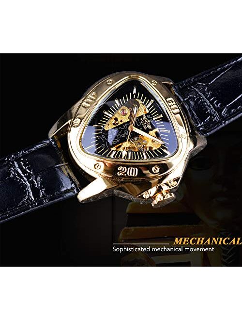 Winner Fashion Mechanical Wrist Watch Triangle Racing Dial Golden Skeleton Dial