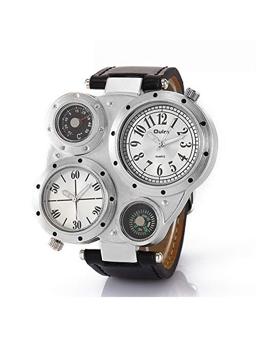 HASIERY Steampunk Stylish Oversize Watches for Men, Unique 4 Dials Dual Time Zone Quartz Leather Military Sports Wrist Watch, Model 9415