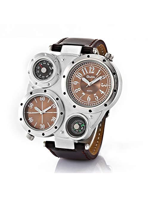 HASIERY Steampunk Stylish Oversize Watches for Men, Unique 4 Dials Dual Time Zone Quartz Leather Military Sports Wrist Watch, Model 9415