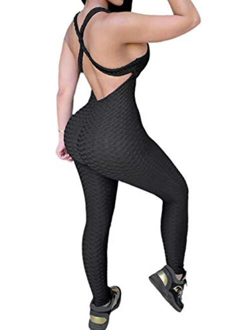 PerZeal Womens Sexy Butt-Lifting Backless Yoga Jumpsuit - Sleeveless Sport Bandage Romper Playsuit Textured Gym Bodysuit