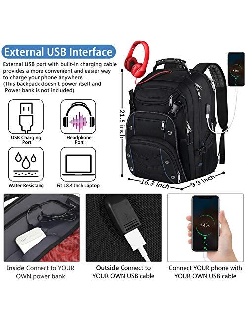 18.4 Laptop Backpack for Men, 55L Extra Large Gaming Laptops Backpack with USB Charger Port,TSA Friendly Flight Approved and RFID Anti-Theft Pocket