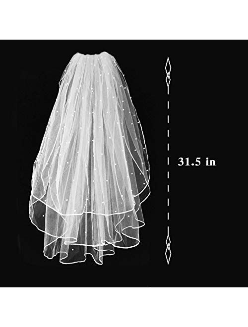 Wedding Veil,White Bridal Veil with Comb, 3 Tier Ribbon Edge with Pearl Center Cascade for Bachelorette Party