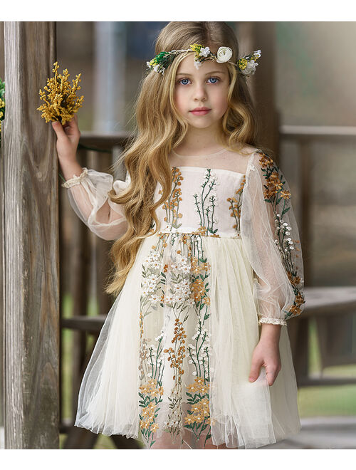 Off-White & Gold Floral Embroidered Sheer-Sleeve A-Line Dress - Toddler & Girls