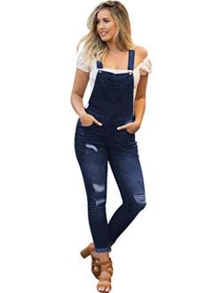 NioBe Clothing Women's Juniors Rolled Cuffs Ankle Length Distressed Denim Overalls