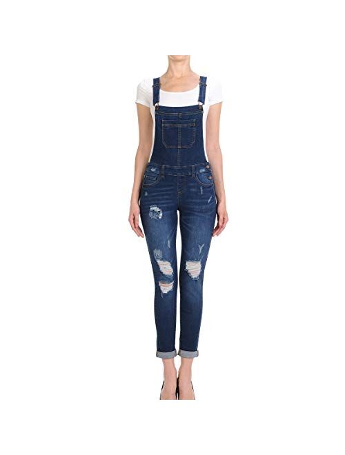 NioBe Clothing Women's Juniors Rolled Cuffs Ankle Length Distressed Denim Overalls