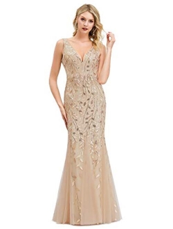Double V-Neck Sleeveless Mermaid Dress Evening Prom Maxi Dress 7886